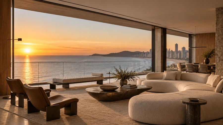 Sala de estar com sofás curvos e vista para o mar ao pôr do sol