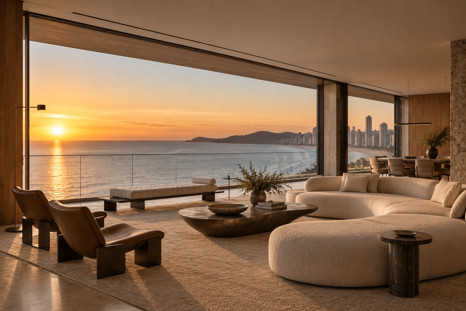Sala de estar com sofás curvos e vista para o mar ao pôr do sol